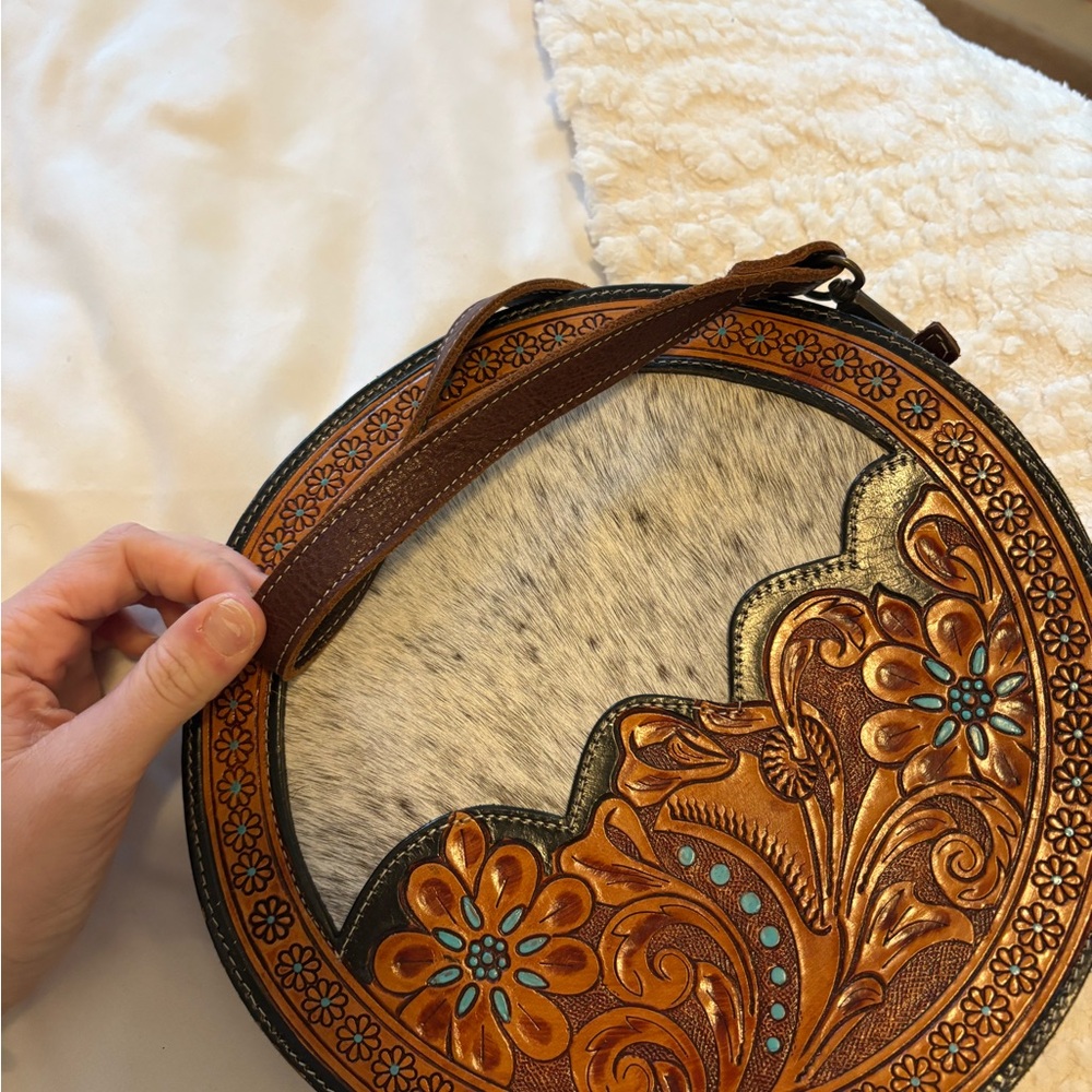 Round Leather and Cowhide Crossbody Bag